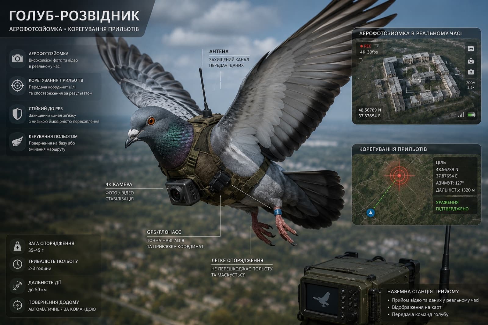 Инфографика: голубь-разведчик с 4K-камерой, GPS/ГЛОНАСС и защищённым каналом передачи данных